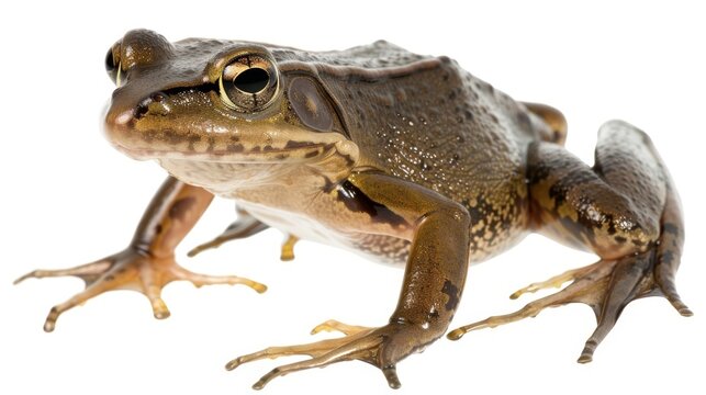 Proud green frog on a white background, captivating gaze draws you in, showcasing slimy skin and expressive eyes. Perfect for herpetology or wildlife lovers
