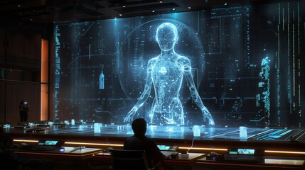 A holographic debate competition is taking place in a futuristic setting, with a projected human figure standing on a stage.
