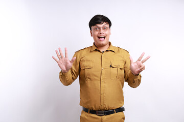 Happy Indonesian government employees standing while showing eight fingers. Isolated on white