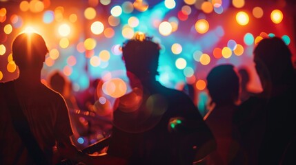 Naklejka premium Silhouettes of people gathered around a stage faces lit up by colorful lights as they sway to the rhythm of the band. . .