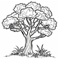 Black and white illustration of a tree with detailed foliage, suitable for coloring books or natural-themed designs.