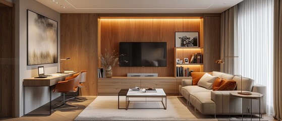 Interior of small apartment living room with concpet of small home office