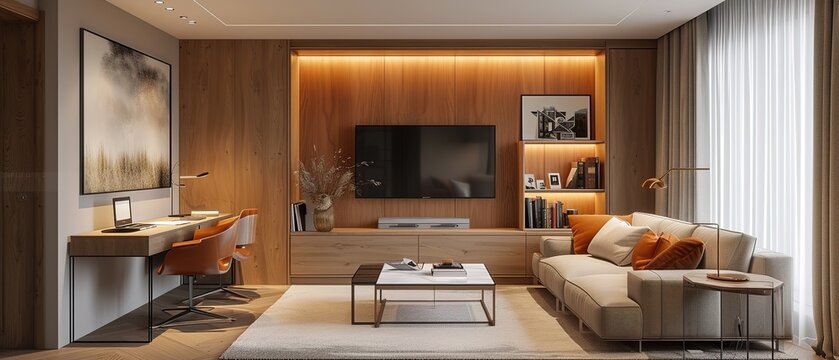 Interior of small apartment living room with concpet of small home office