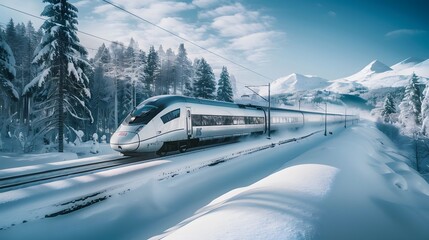High-Speed Train Through Snowy Mountain Pass