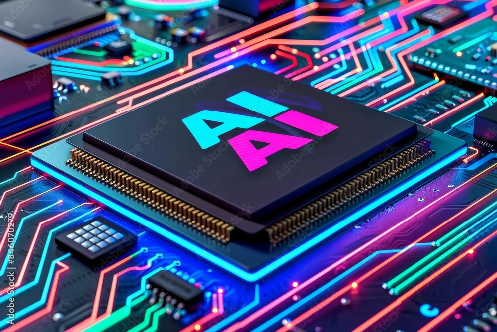 Poster high tech ai microchip with colorful circuitry, close up, cybernetic innovation, futuristic technolo
