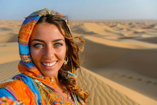 Happy woman captures selfie in desert landscape during sunny day for memorable moment