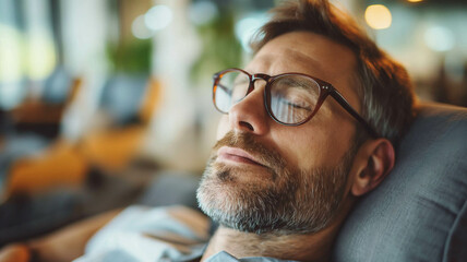 Close-up of a relaxed man with a beard and glasses resting peacefully on a comfortable couch, enjoying a serene moment of tranquility. Generative AI.