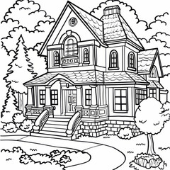 Naklejka premium Detailed black and white illustration of a vintage house, ideal for coloring pages and architectural design studies.