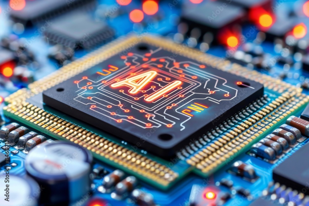 Poster ai microchip on circuit board, digital processor, futuristic tech, cybernetic innovation, advanced t