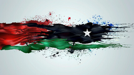 A creative splatter design of the Libyan national flag, featuring red, black, green, and white colors with star and crescent.