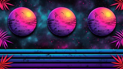 Digital retro landscape 1980's style retro wave sunset and mountain. Futuristic cyber surface. 80s Retro Sci-Fi background. View illustration in retro futuristic in the style of the 80-90s.