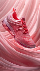 3d rendered pink sneakers on pink wavy background, advertisement illustration, pink favorite, made with generative AI