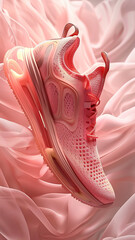 3d rendered pink sneakers on pink wavy background, advertisement illustration, pink favorite, made with generative AI