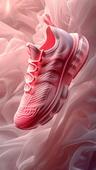 3d rendered pink sneakers on pink wavy background, advertisement illustration, pink favorite, made with generative AI