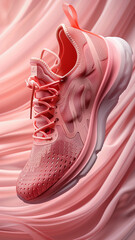 3d rendered pink sneakers on pink wavy background, advertisement illustration, pink favorite, made with generative AI