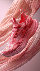 3d rendered pink sneakers on pink wavy background, advertisement illustration, pink favorite, made with generative AI