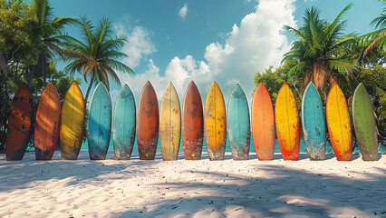 3d rendered colorful surfing boards on beach, white sand, palm trees, 