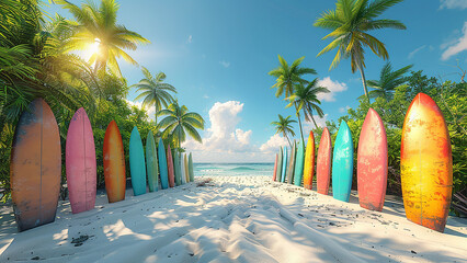 3d rendered colorful surfing boards on beach, white sand, palm trees, 