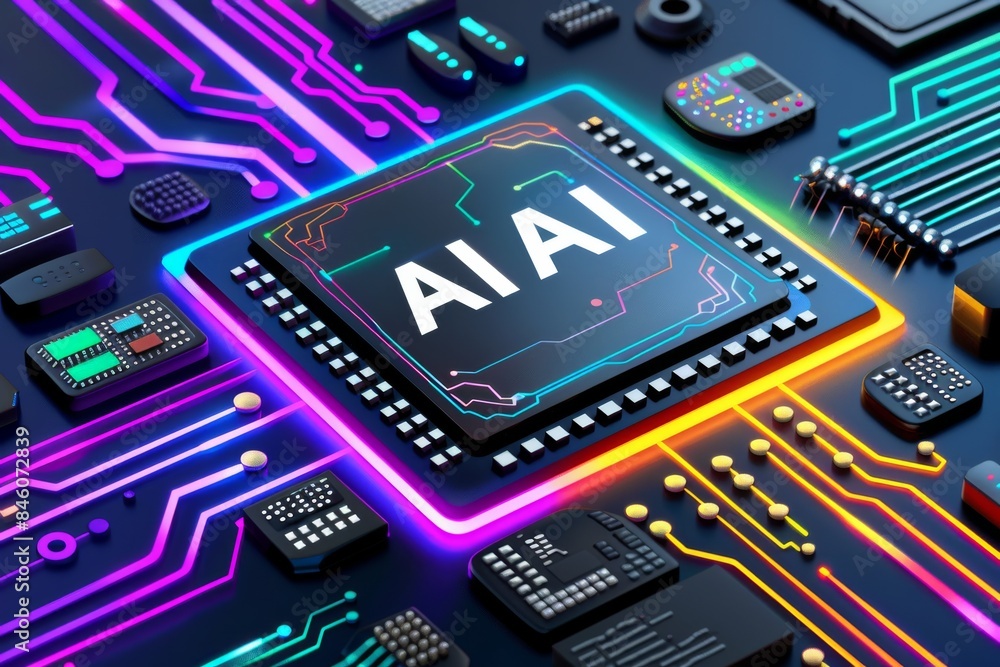 Poster digital ai microchip with neon lights, futuristic tech, cybernetic innovation, advanced processor