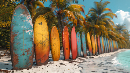 3d rendered colorful surfing boards on beach, white sand, palm trees, 