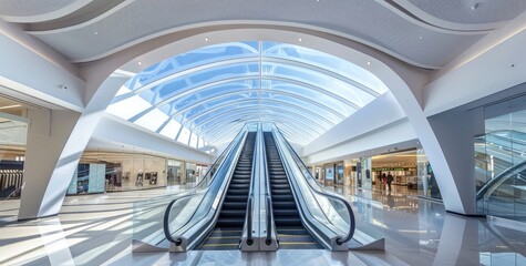 White curved roof with glass window and an escalator in the center of modern shopping mall interior, wide angle lens