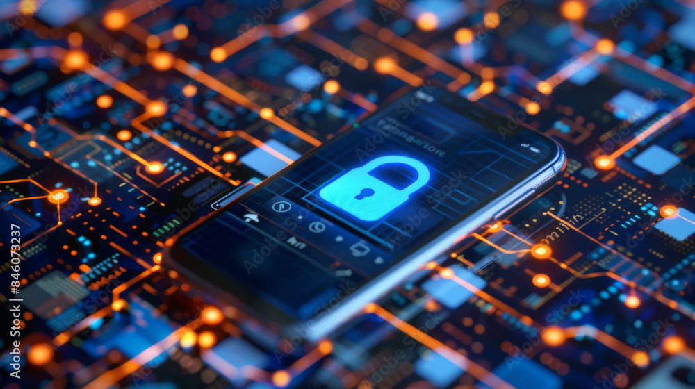 Poster close-up of a smartphone with a padlock icon on the screen, symbolizing mobile security and data pro