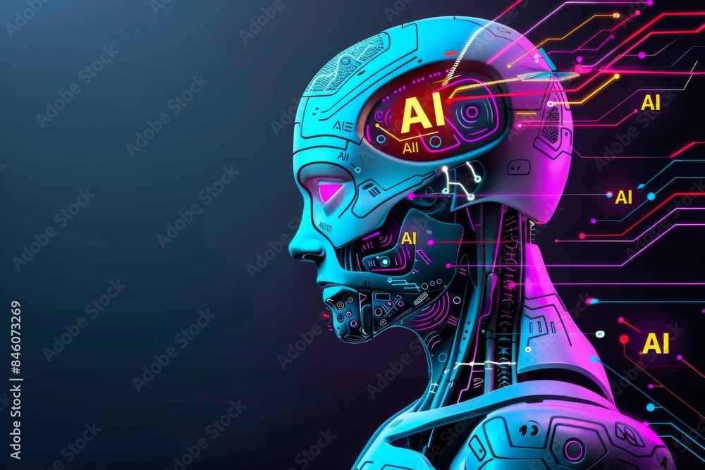 Poster cybernetic ai robot profile with neural network, futuristic tech, advanced intelligence, digital inn