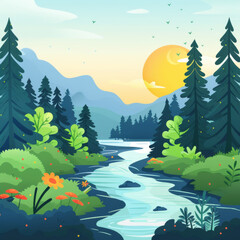 Illustrated serene river flowing through a lush forest at sunrise, with colorful foliage and mountains in the background.
