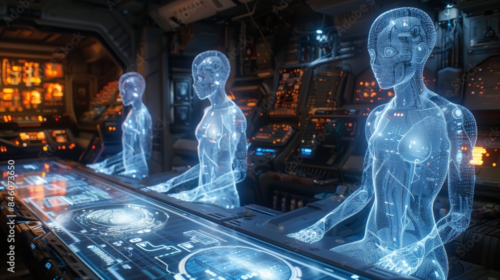 Aufkleber three holographic figures, appearing translucent and composed of glowing lines, are working on a fut