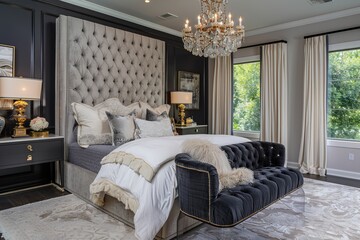 Modern bedroom interior design with bed, pillows and blanket