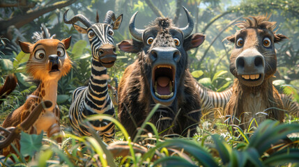 Group of animated animals including a zebra and buffalo, displaying various expressions in a vibrant jungle environment.