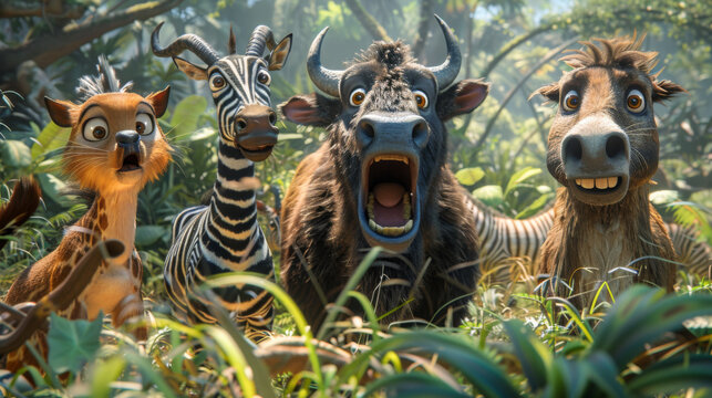 Group of animated animals including a zebra and buffalo, displaying various expressions in a vibrant jungle environment.