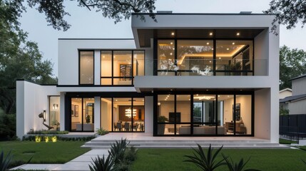 Fototapeta premium Two-story modern contemporary style house design facade, with wide glass windows and warm lighting. 3D render 