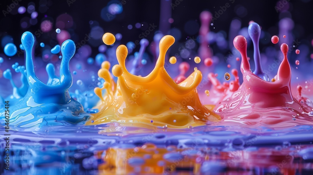 Wall mural three main splashes of blue, yellow and pink paints create an abstract pattern on a dark background