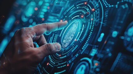 A hand is pointing at a blue screen with a fingerprint on it