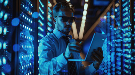 IT Technician Conducting Diagnostics and Maintenance on a Laptop Beside a Server Cabinet in a Large Big Data Center
