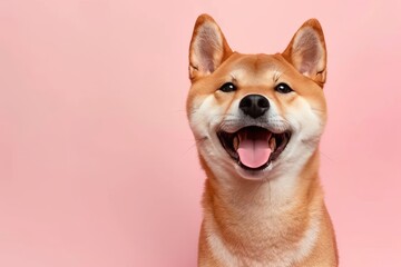 Cheerful shiba inu dog smiling happily against soft colored background with space for text