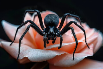 Fototapeta premium Big black spider resting on vibrant pink rose against dramatic dark background
