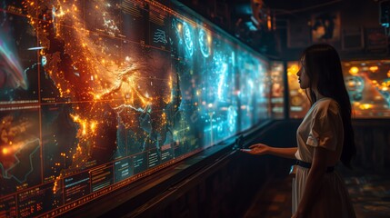 A young woman interacts with a holographic world map in a futuristic classroom.