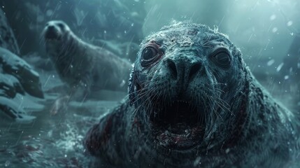 A close-up of a snarling seal with its mouth open, revealing sharp teeth. The seal is covered in water and appears to be in a hostile environment.