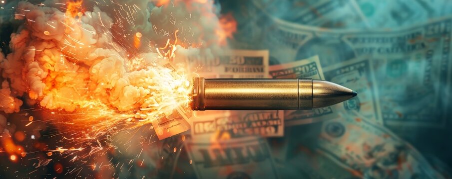 A bullet engulfed in flames lies on a surface, smoke billowing around it.