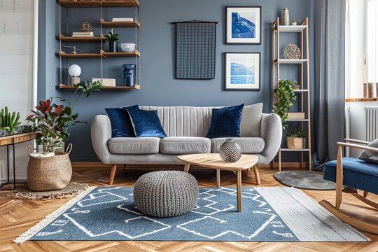 Scandinavian Sanctuary in Blue and Gray Tones Living Room Interior Design