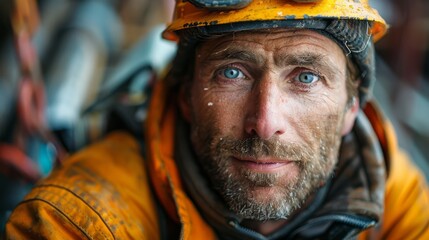 A close-up portrait of a rugged climber with dirt on his face and a worn helmet, highlighting his survival spirit