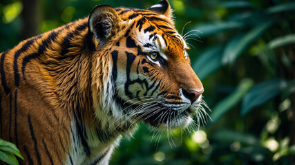 Obraz premium tiger in the wild. The fierce glare of a tiger stands out against the lush green bokeh