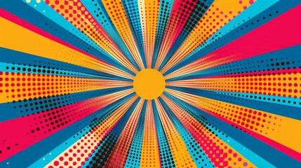 Abstract colorful sunburst pattern with halftone dots. Vibrant and dynamic design.