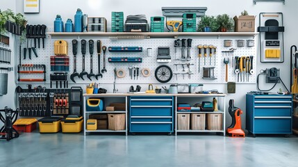 A simple and bright garage organization, with tools and equipment neatly stored, isolated on a white background. The minimalistic style highlights cleanliness and order.
