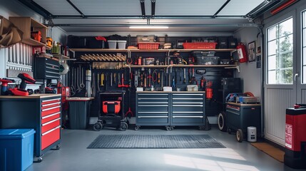 Elegant and minimalistic garage organization, featuring tools and equipment neatly stored, isolated on a white background. The bright and light design highlights efficiency and order.
