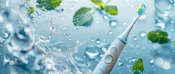 Electric toothbrush with water drops and mint leaves.