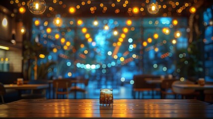An outdoor cafe setting at night with a glass of cold beverage on a table, surrounded by warm glowing lights and a bokeh background