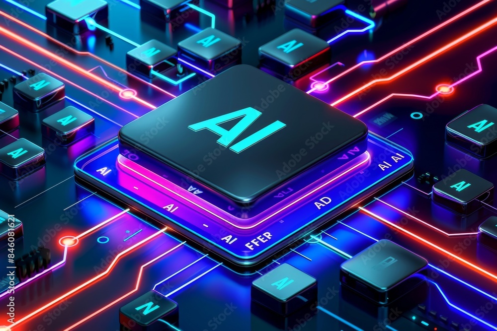 Poster ai microchip with neon glow on circuit board, advanced digital processor